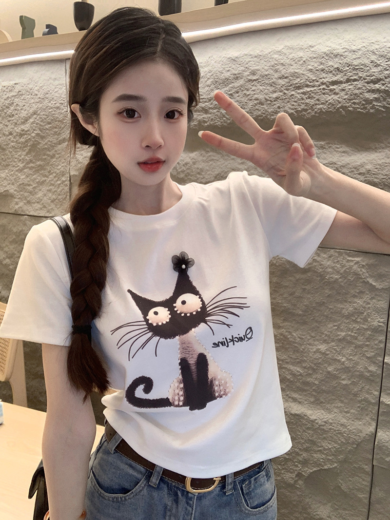 Picture of Cartoon Kitten Pattern Embroidered Short-sleeved T-shirt Women's Summer New Design Sense Niche Western Style Short Top Ins Trendy
