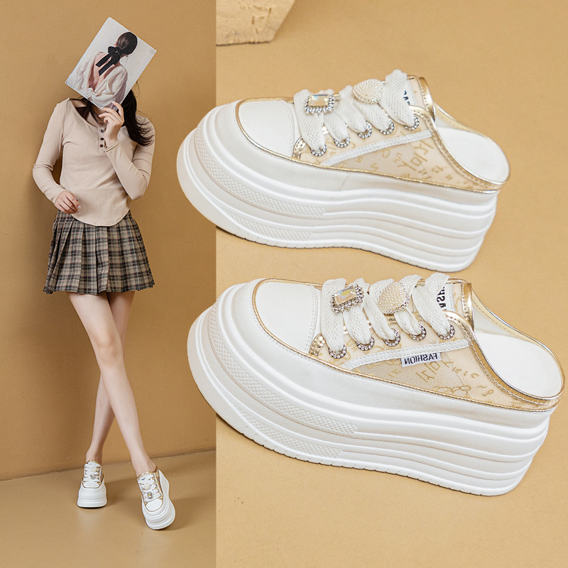 2024 Summer New Arrival Semi-tow Platform Sandals Fashionable Casual Hollow White Shoes Wedge Thin Strap Student Shoes Women's Shoes