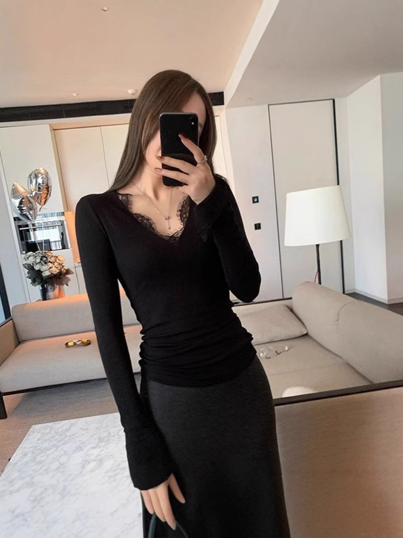 American-style Niche Base Shirt Women's 2024 Autumn and Winter Slim-fit Slimming High-end V-neck Lace Top Women's Inner Top