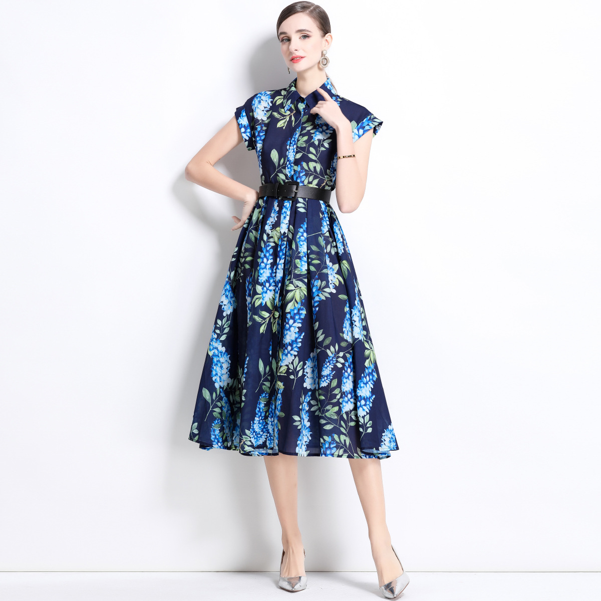 Cross-border foreign trade women's clothing 2025 early spring new POLO collar shirt printed short sleeve long skirt dress