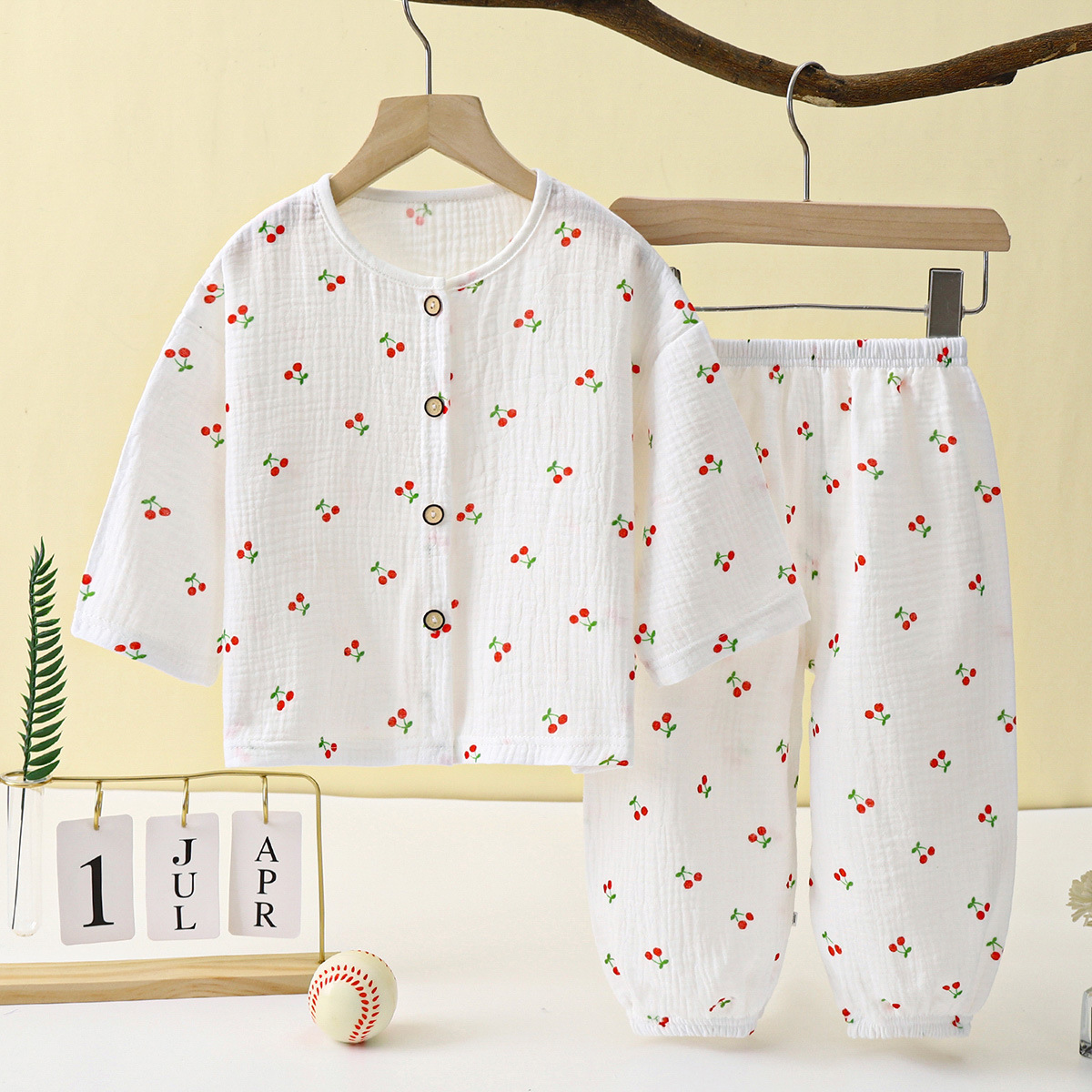 Picture of Children's Thin Double-Layer Gauze Pajamas Two-Piece Set Summer Girls Home Clothes Baby Boy Long-Sleeved Bloomers Set