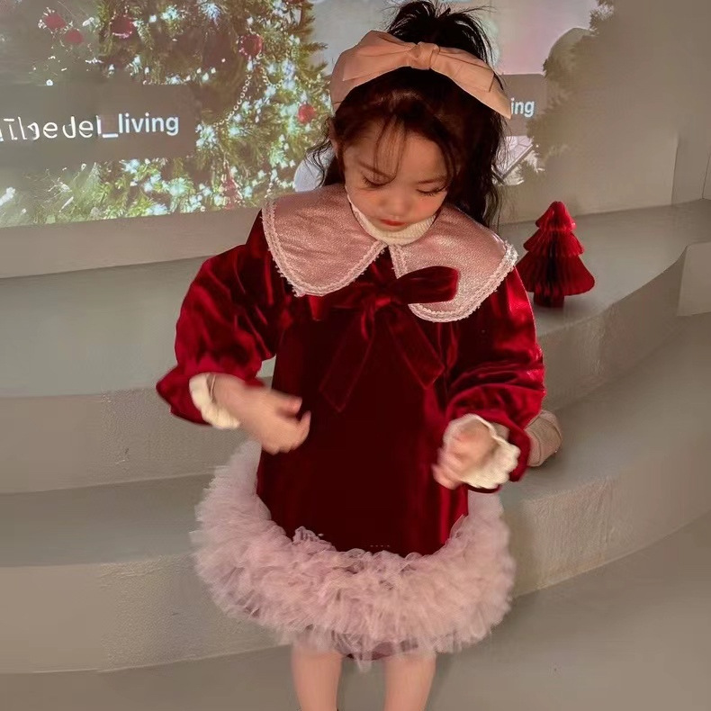 Girls Christmas Style dress Autumn and Winter fleece-lined Fashion Princess Dress 2024 New Year Red Golden Velvet Birthday Dress