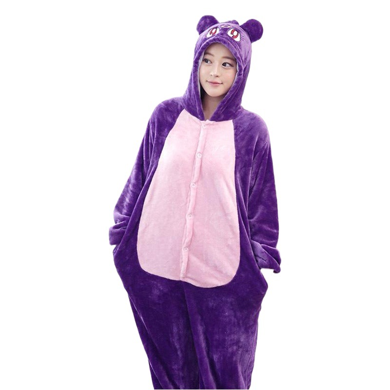 Autumn and winter flannel conjoined animal pajamas cartoon autumn and winter couple toilet version purple cat girl pajamas couple