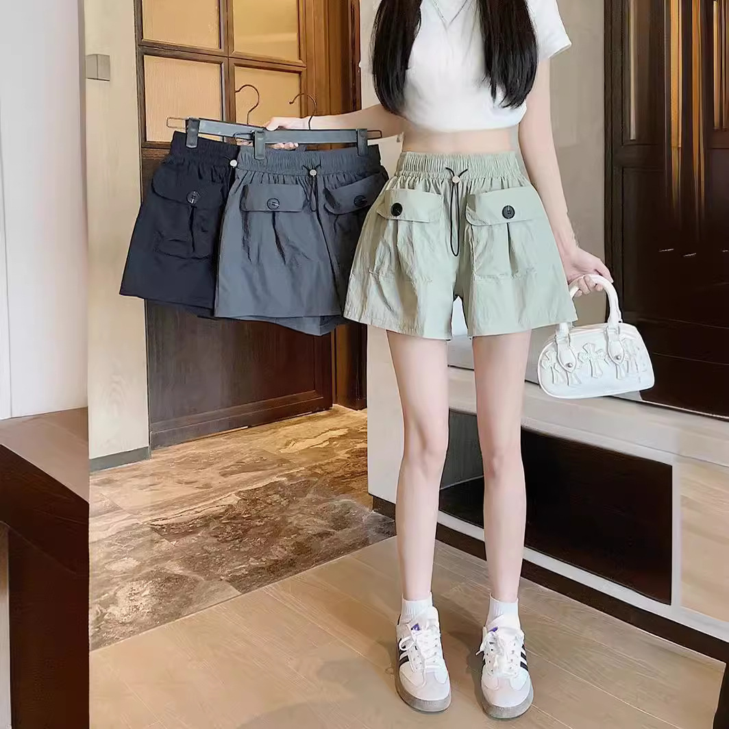 Brocade Cotton Design Sense Double Large Pocket High Waist Overalls Women's Niche Loose Wide Leg Slimming Casual Pants Straight Shorts