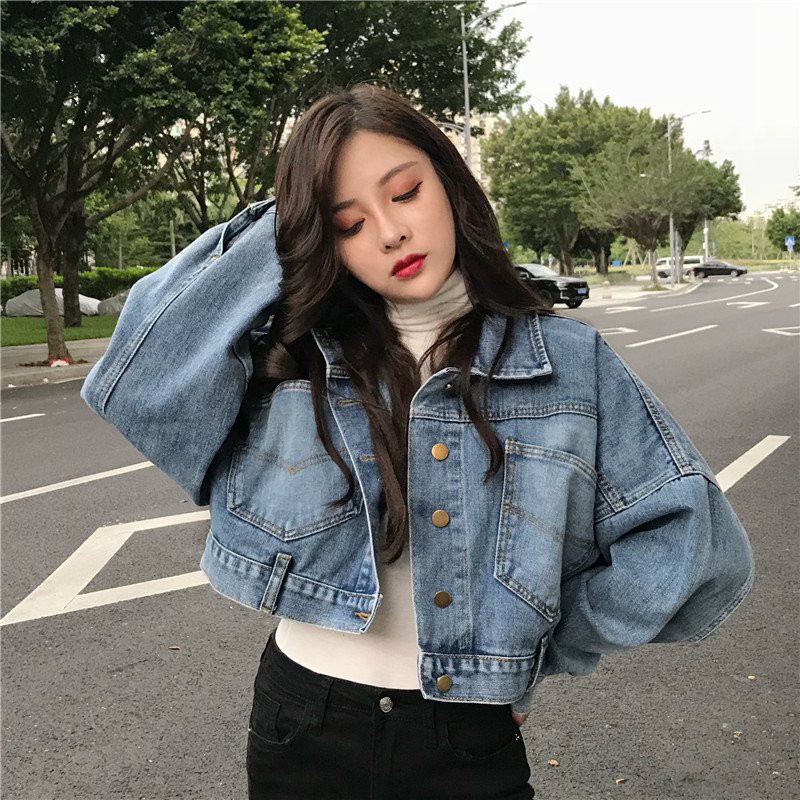 2023 Spring and Autumn new online celebrity retro Korean style batwing sleeve denim jacket women's short versatile loose bf jacket