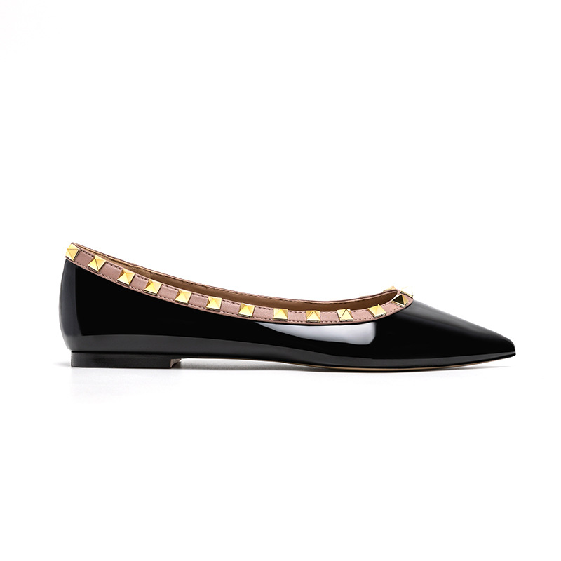 Picture of Nude Pointed Toe Shoes for Women 2024 Spring Shallow Patent Leather Versatile European and American Soft-Soled Boat Shoes Flats-Soled Rivet Shoes for Work Clothing