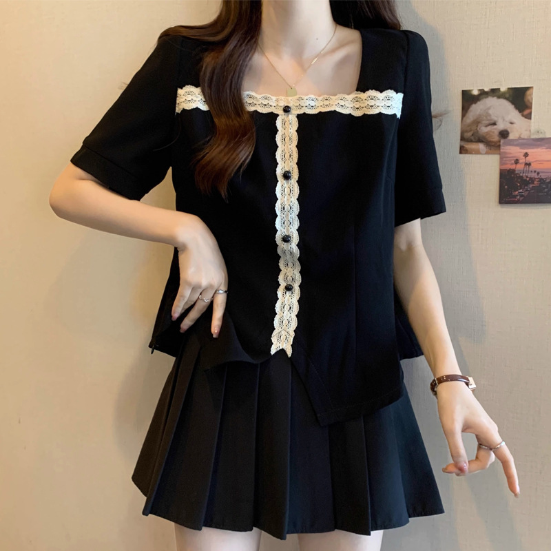 [Original Workmanship] Tweed Style Lace Square Collar Short-Sleeved T-Shirt for Women Plus Size Fat mm Slimming Look and Belly-Covering Asymmetrical