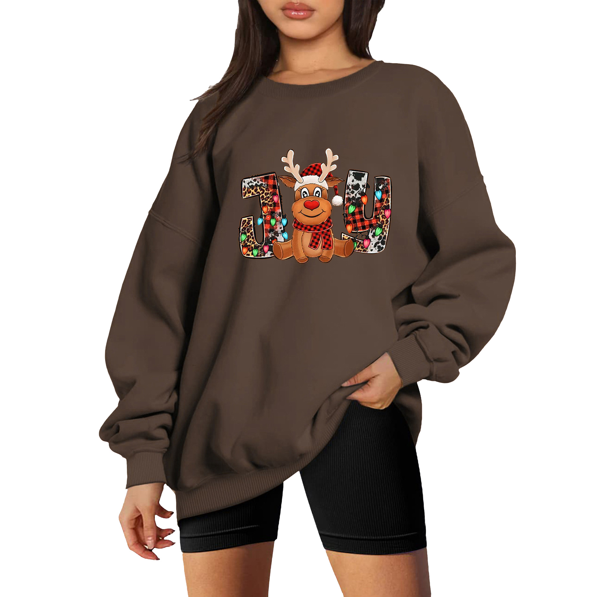 Picture of 2022 Christmas new women's Christmas elk print fleece-lined thickened drop shoulder round neck sweater