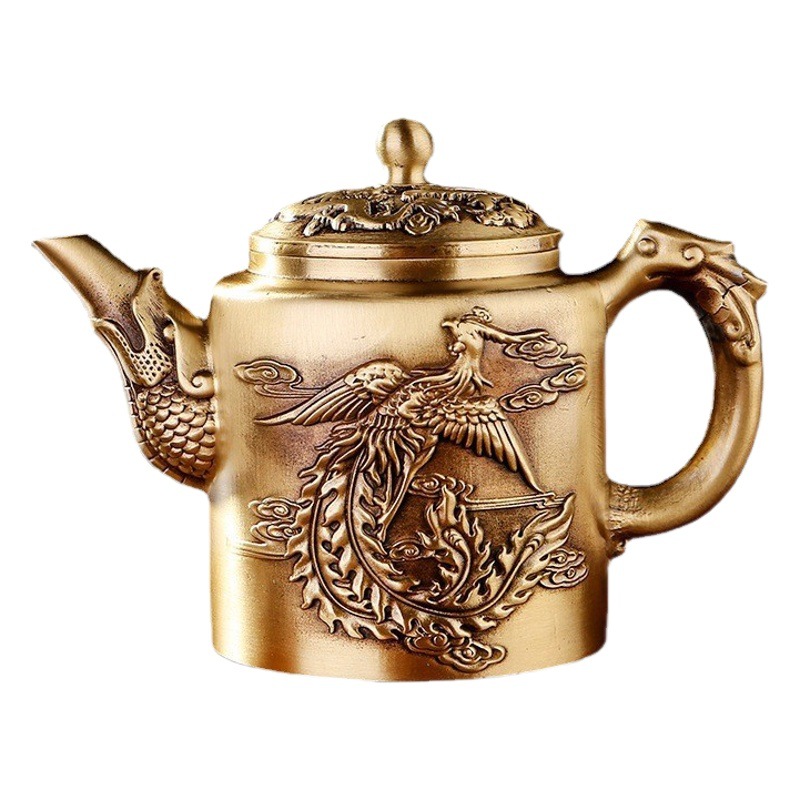 Brass Embossed Dragon and Phoenix Teapot Creative Brushed Dragon and Phoenix Chengxiang Wine Pot Antique Handle Piece Brick Rice Copper Kettle Tea Set