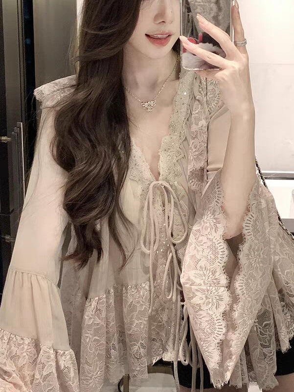 Girl's Double-tone 2025 New Spring Elegant Chiffon Shirt Small Shirt Long-sleeved Lace Shirt for Women