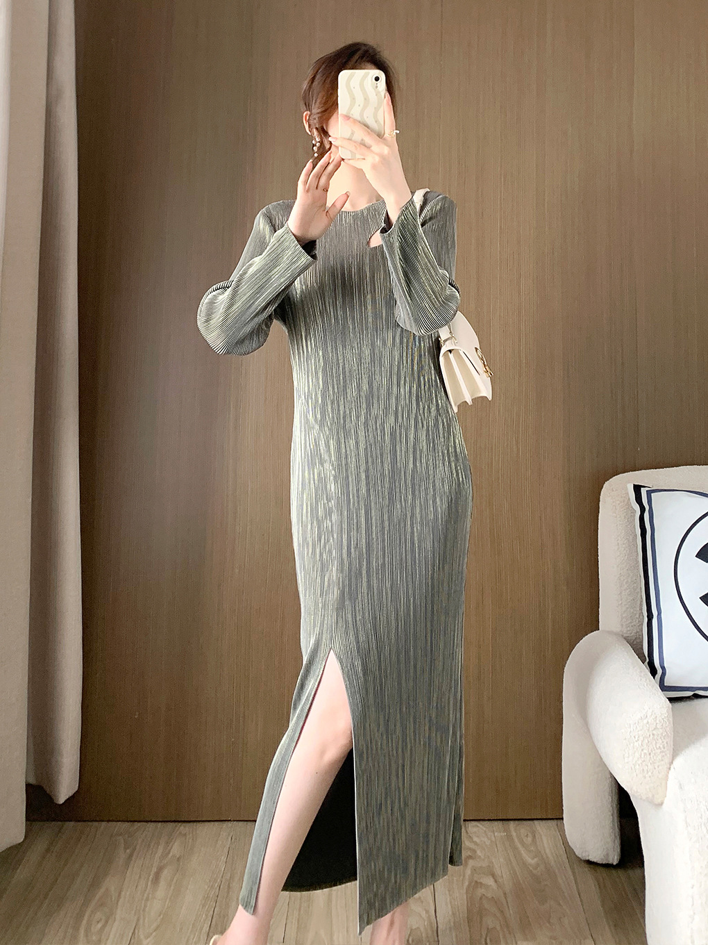 Miyake Slim-Fit Slimming Pleated Skirt High-Level Unique and Beautiful Split Long Skirt Niche Tea Break French dress