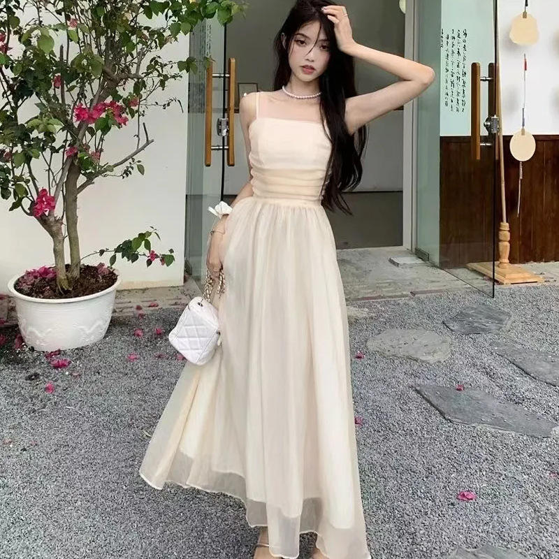 Women's Clothing French White Sling Long Dress Summer New 2024 Elegant Tight Waist Slimming Solid Color Dress Super Fairy dress