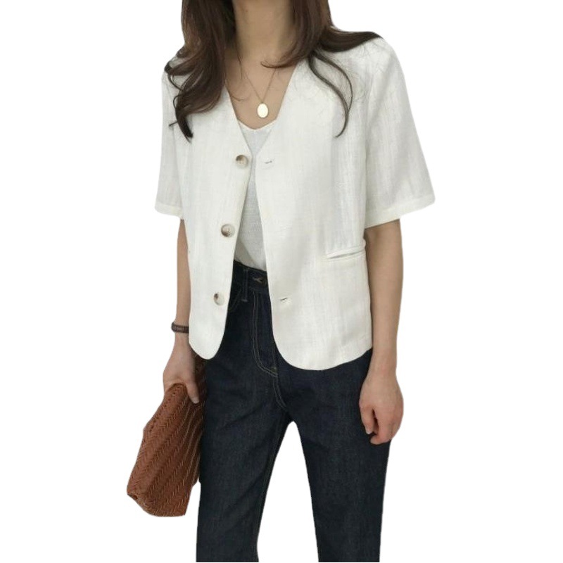 Picture of Korean Ins Short Small Suit Tops for Women 2024 Summer New Cotton and Linen Loose Short-Sleeved Tops Jacket