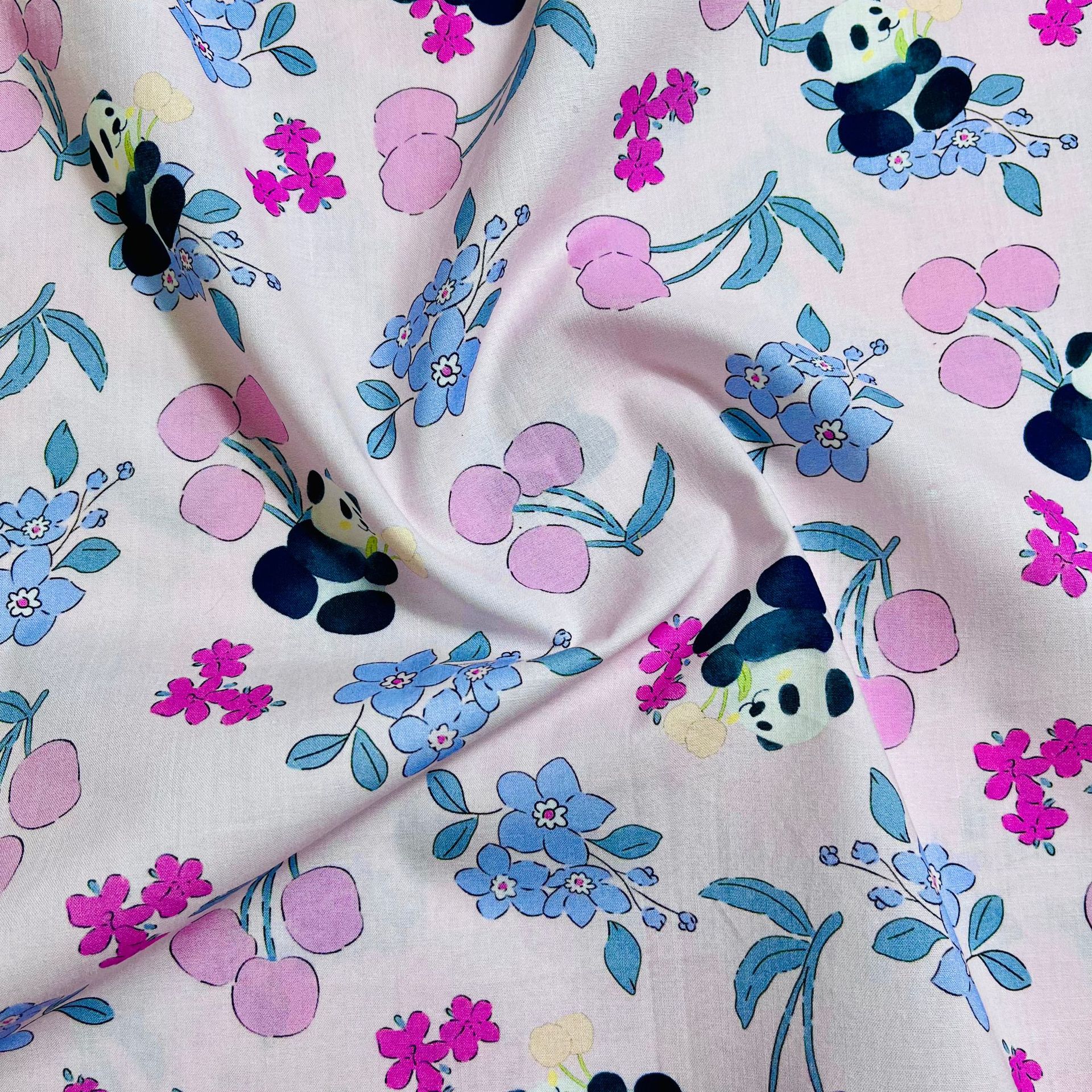 Picture of 100% Cotton 60-Count Digitally Printed Fabric with Cartoon Panda Pattern for Bags, Home Wear, Dresses, and Shirts