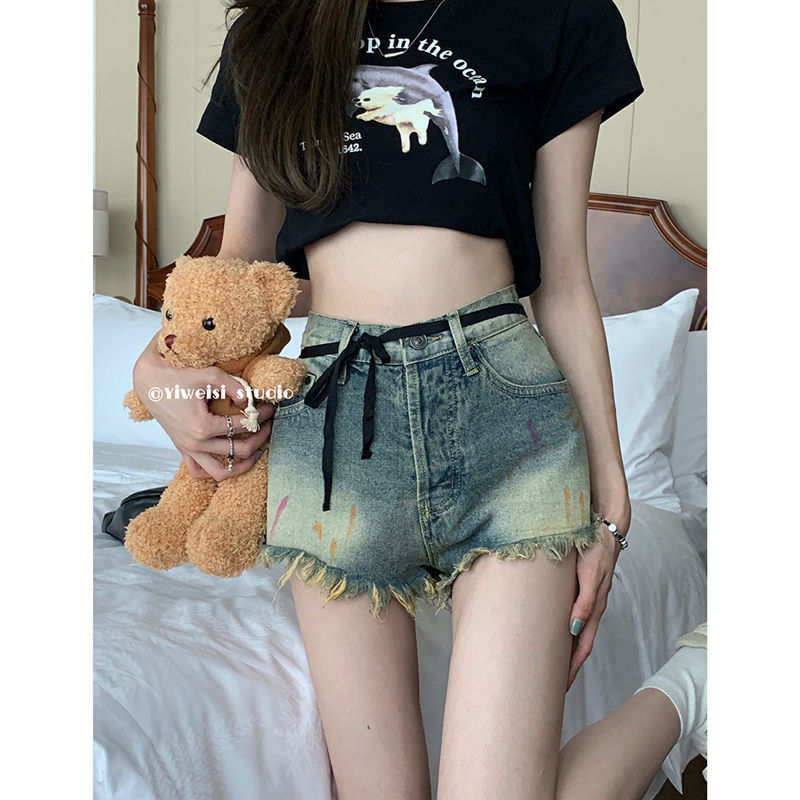 Old Retro Rapped Jeans Women's Spice Girls Thin Straight Shorts Summer High Waist Slimming Wide Leg Trendy Pants