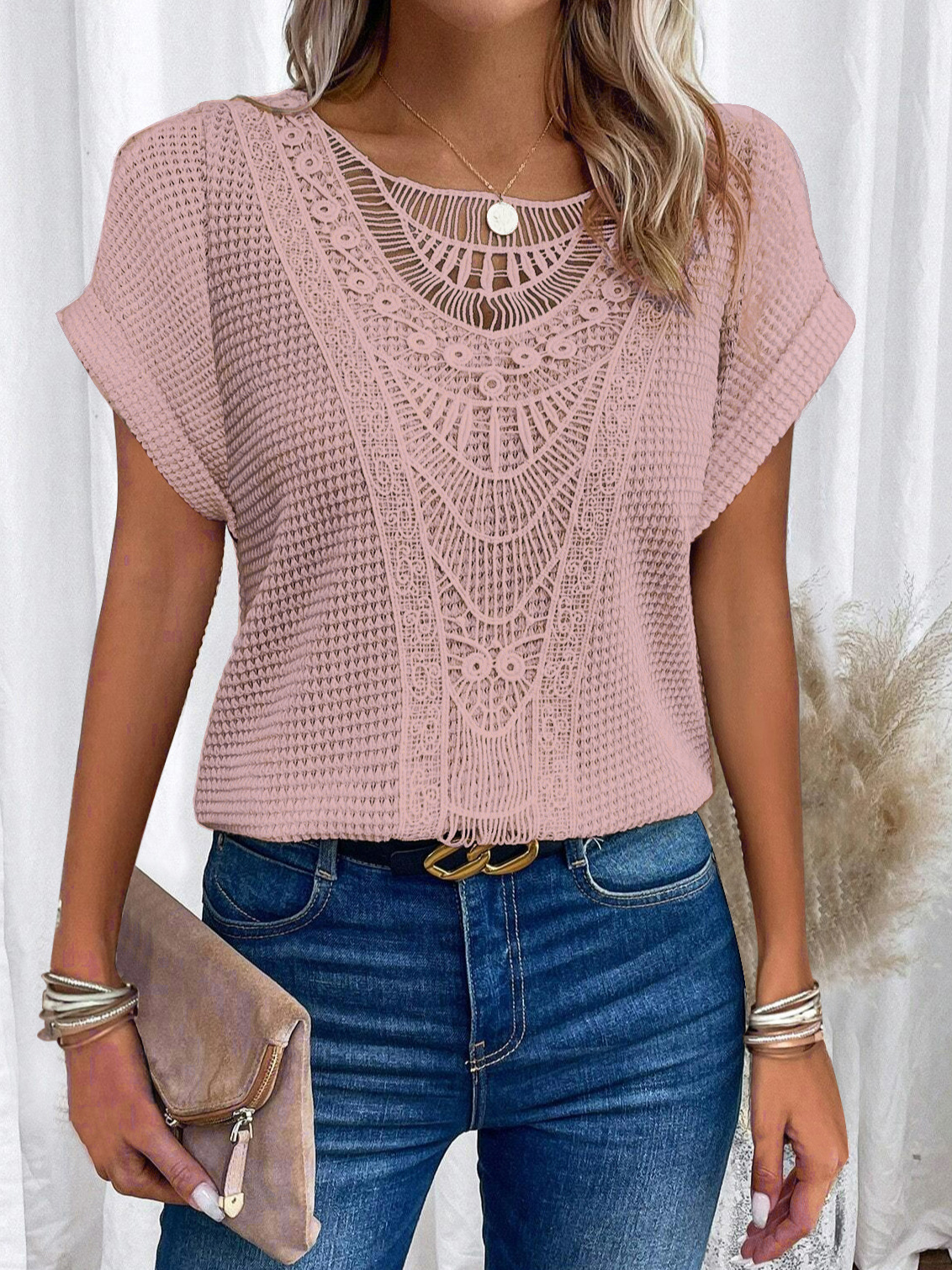Picture of 2024 Amazon European and American spring and summer new independent stand lace stitching short-sleeved T-shirt in stock cross-border women's clothing