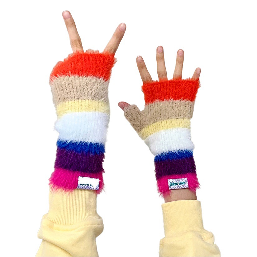 Plush Rainbow Knitted Half Gloves for Women in Autumn and Winter Cute Touch Screen Half Finger Gloves Student Warm Gloves Wholesale