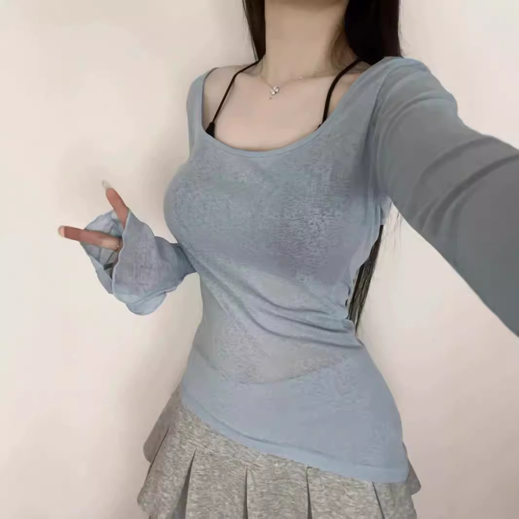 Picture of Pure Desire Hot Girl Sexy Stacked T-shirt Women's Summer Thin Slim-fit Irregular Sun-screen Shirt Beautiful Back suit
