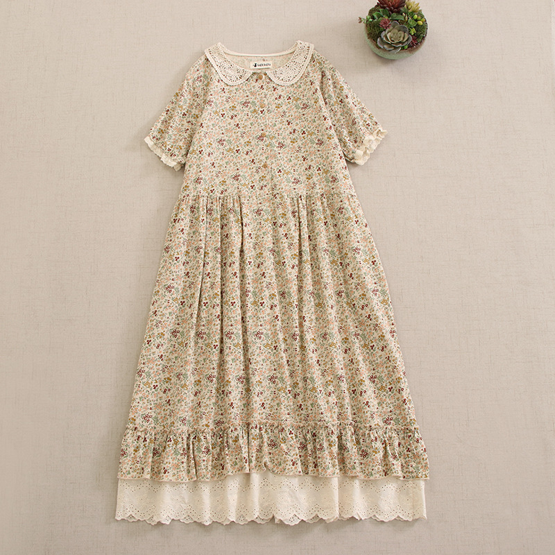 Picture of Japanese Mori Girl Artistic Floral Doll Collar Short-Sleeve Dress Loose Versatile Half-Open Plaid Lace Hem Long Dress