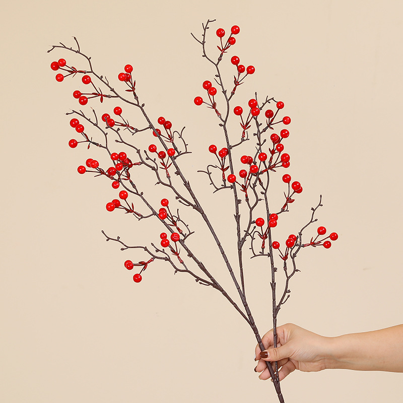 Picture of Red Fruit Branch Artificial Flower Holly Fruit Artificial Flower Red Berry Living Room Housewarming New Year Decoration Spring Festival Blessing Bucket Flower Arrangement Accessories