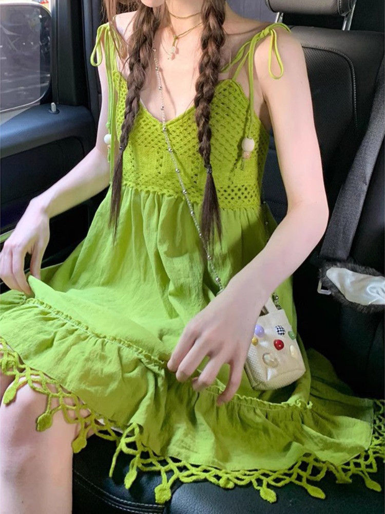 Bohemian Style Acura Green Tassel Sleeveless Strap dress Women's Summer Doll Skirt Dopamine Skirt