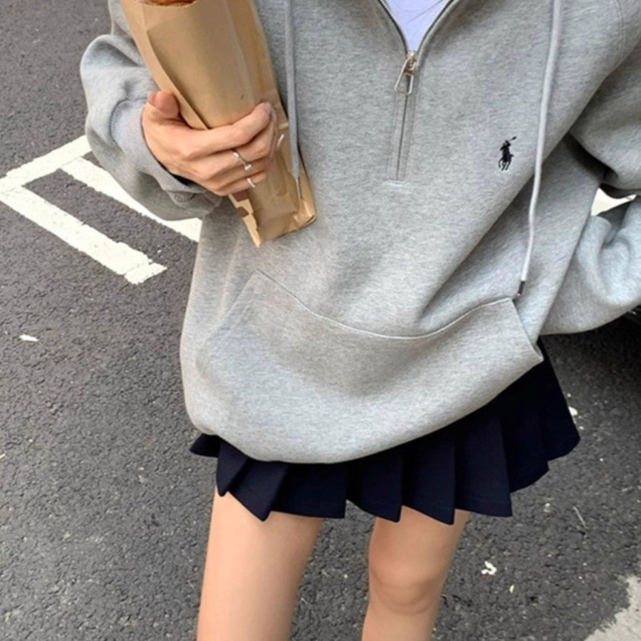 Picture of fleece-lined Thickened Grey Half Zip Embroidered Hooded Sweater Women's oversize Sports Casual Loose Profile Hoodie