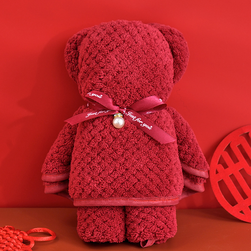 Picture of Bear towel wholesale wedding hand gift wine red wedding gift wedding gift hand gift towel