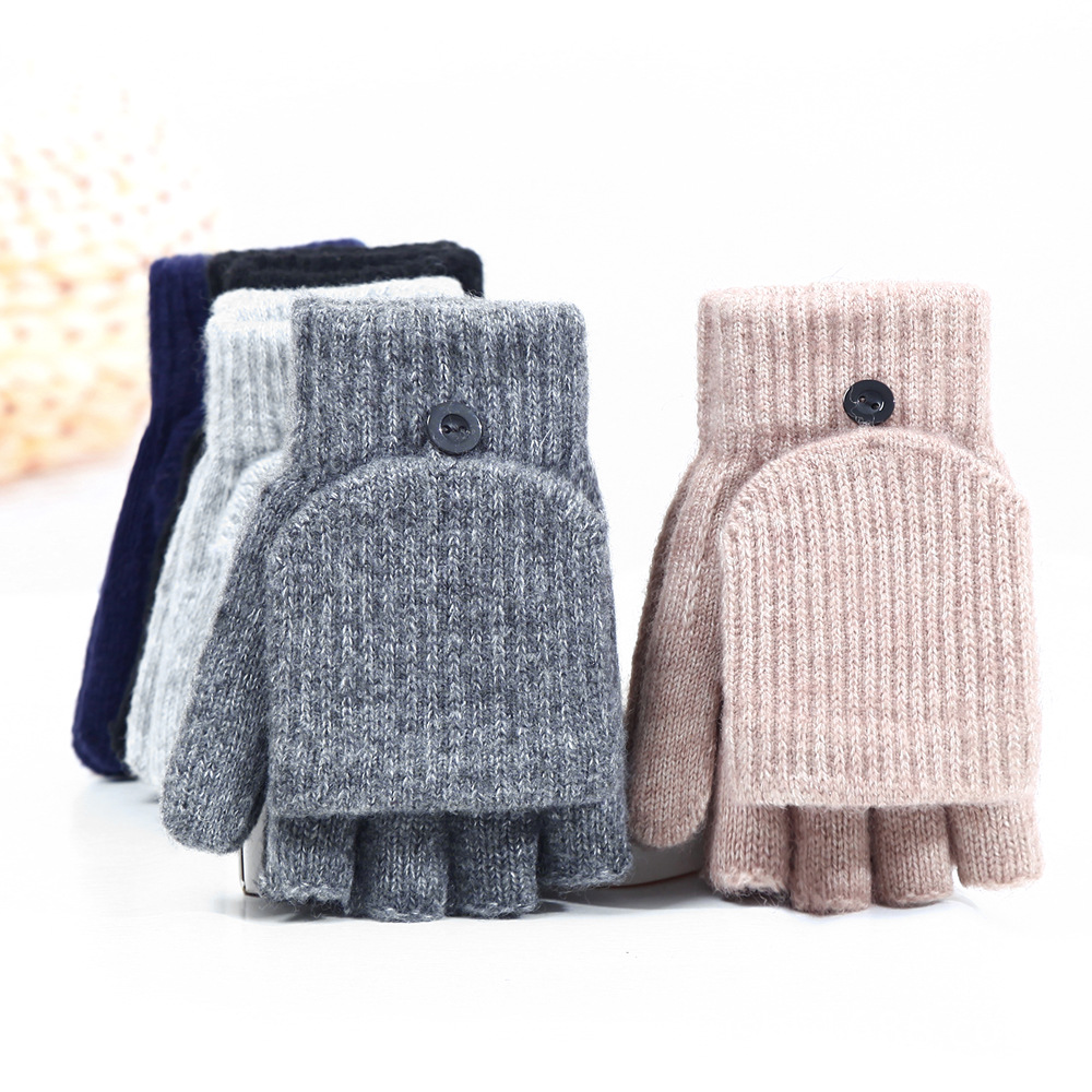 Children's Winter Middle and Large Children's Student Gloves Warm Half-Finger Flip-on Open Finger Dual-Use Writing Gloves for Boys and Girls Cold-proof