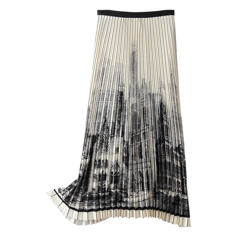 Heavy industry black and white printed pleated skirt women's summer new thin style Hepburn high waist A- line umbrella skirt