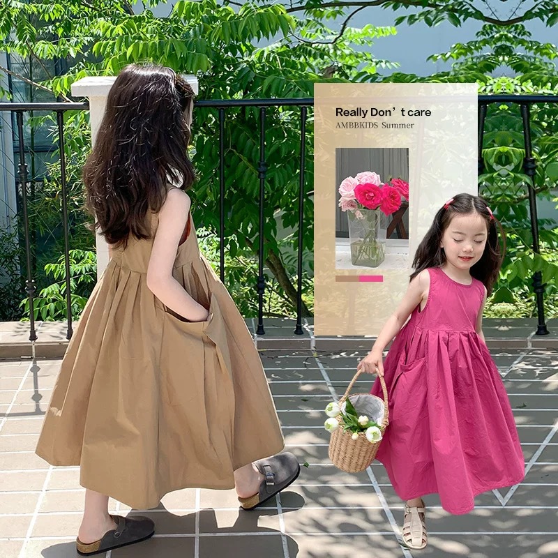 Girls' Big Pocket Solid Color dress Dragon Fruit Color Summer Vest Skirt Children's Long Skirt Sleeveless Princess Dress