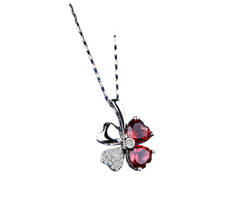 Picture of Luxury Korean-style Lucky Four-leaf Clover Necklace Synthetic Garnet Pendant Red Crystal Necklace Women's Clavicle Chain Silver Jewelry