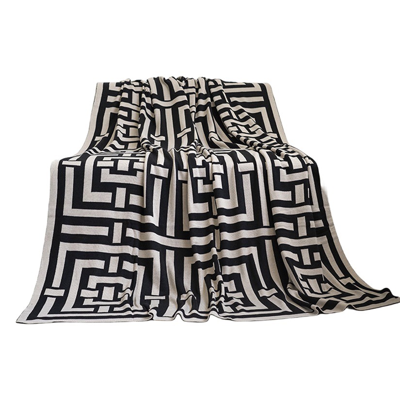 Office wool knitted blanket sofa blanket bed tail towel blanket model room towel blue black back pattern
