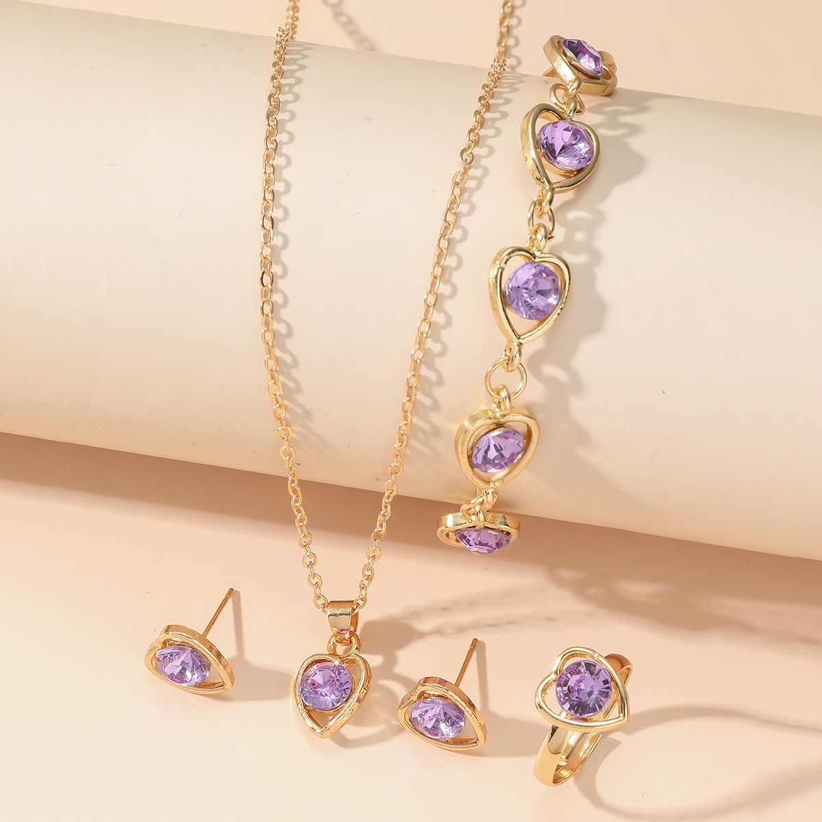 Picture of Amazon Cross-border European and American Crystal Love Jewelry Fashion Temperament Peach Heart Necklace Earrings Ring Bracelet Four-piece Set