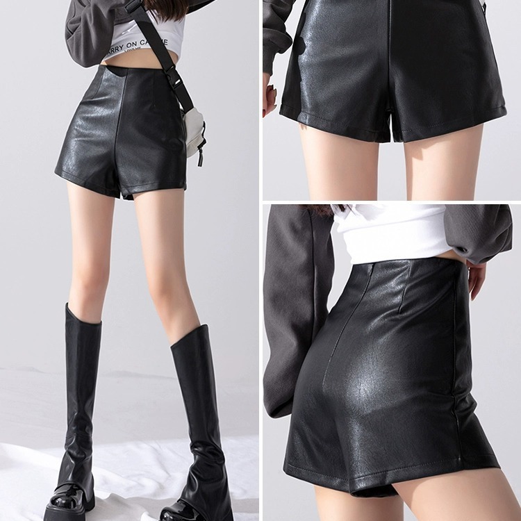 Hot Girl Fashionable Small Pu Leather Pants Shorts Women's Outer Wear Autumn and Winter New Style Black High-Waisted A-Line Leggings Boot Pants