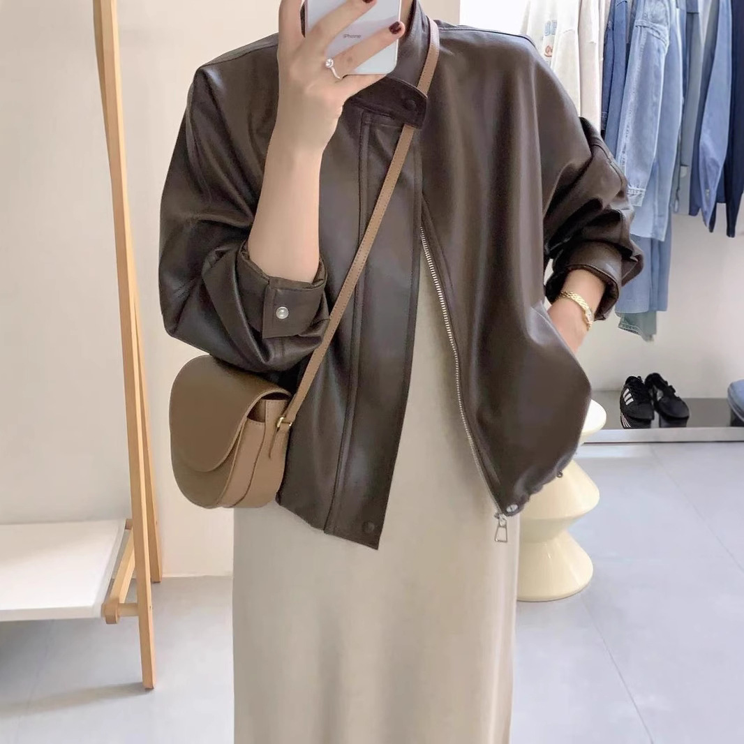 Picture of Brown Leather Jacket Women's Leather Jacket 2025 New Hong Kong Style Short Motorcycle Jacket This Year's Popular American Retro Style