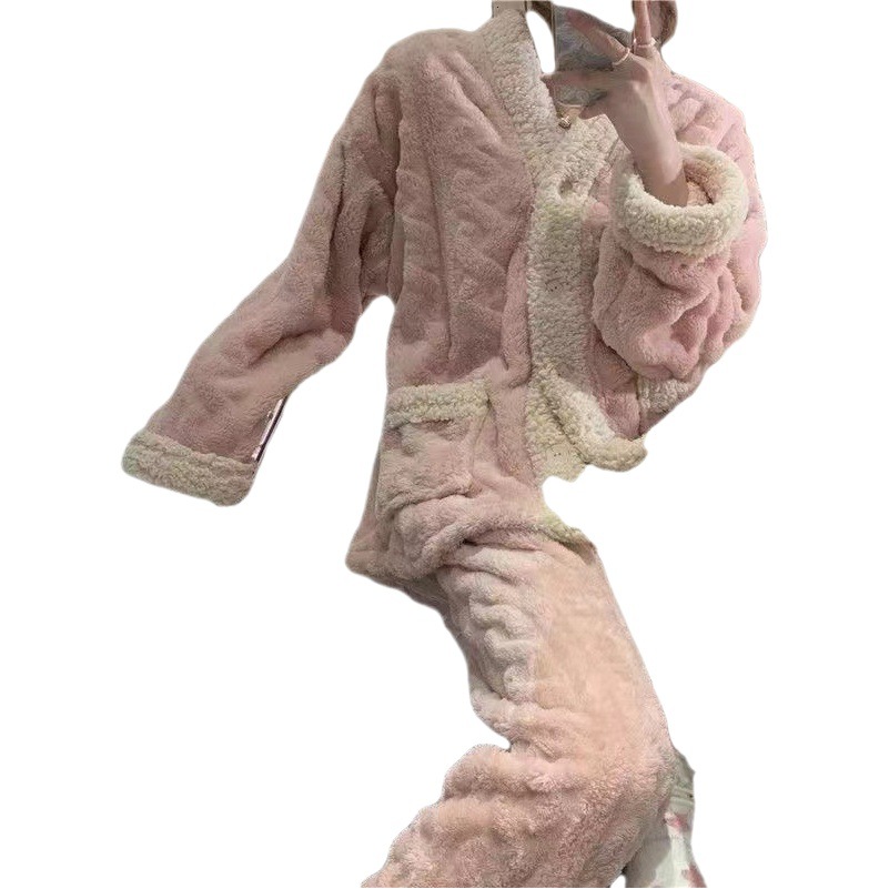 Factory in stock pajamas women's autumn and winter coral fleece thickened cardigan flannel home wear suit New