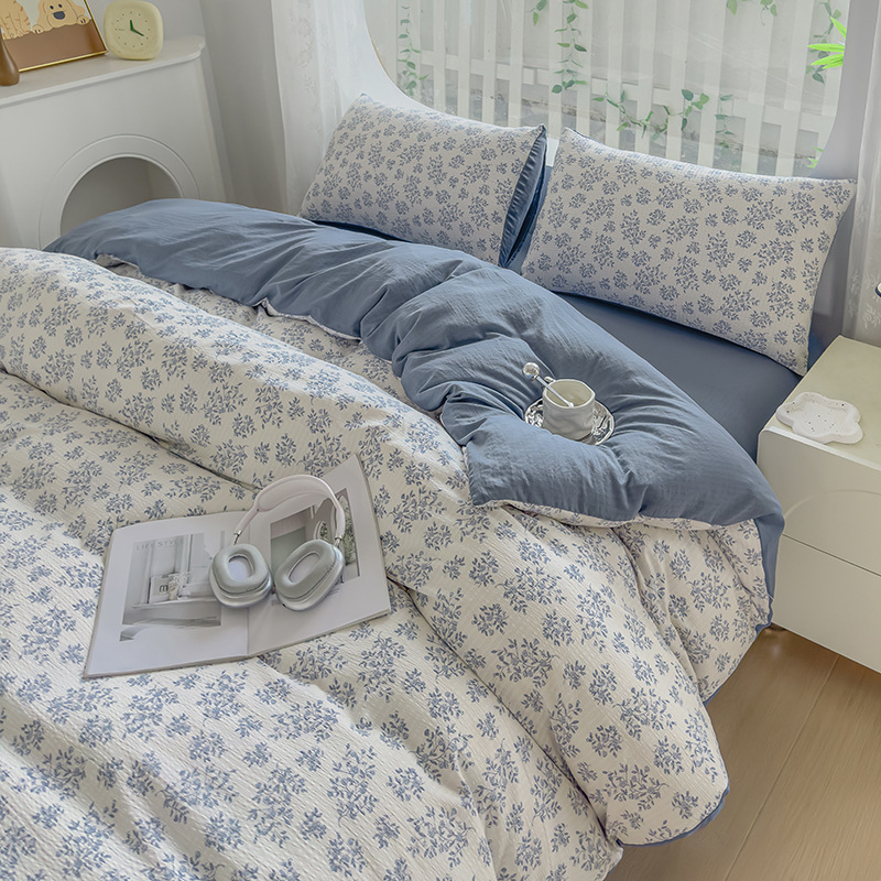 Picture of Class A Maternal and Infant Grade Fresh Small Zhu Cotton Four-piece Set Washed Cotton Bed Sheet Quilt Cover Three-piece Set for Student Dormitory