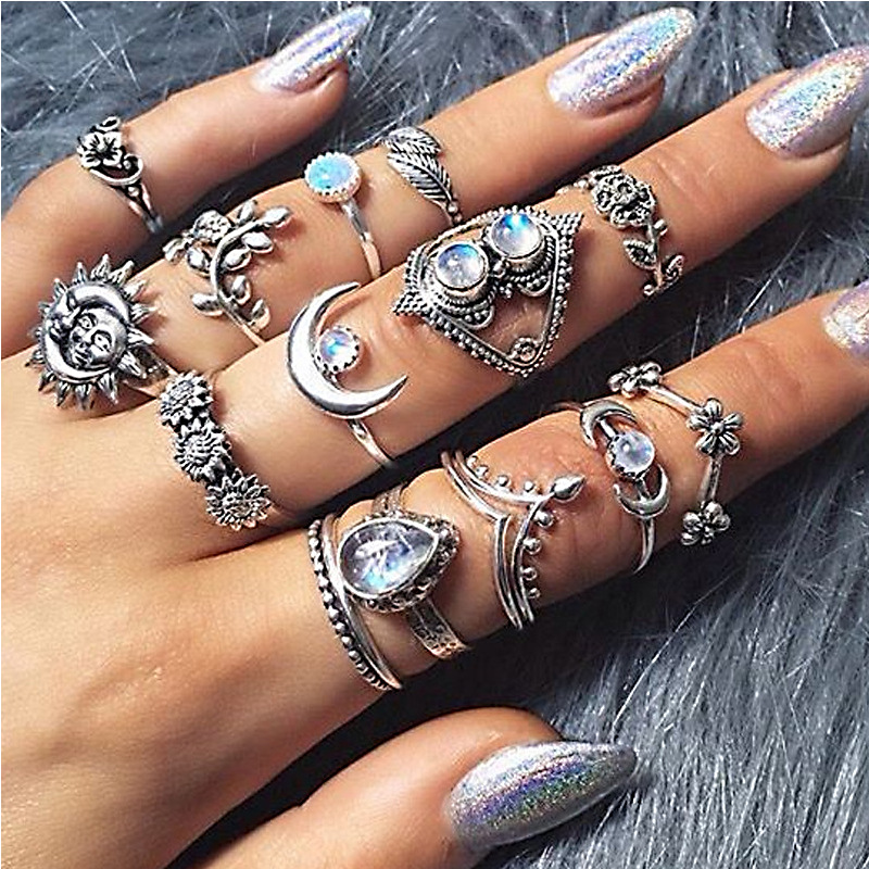 European and American Water Drop Flower Sunflower Moon Sun Fourteen-Piece Ring Set Hollow Carved Diamond Ring Set
