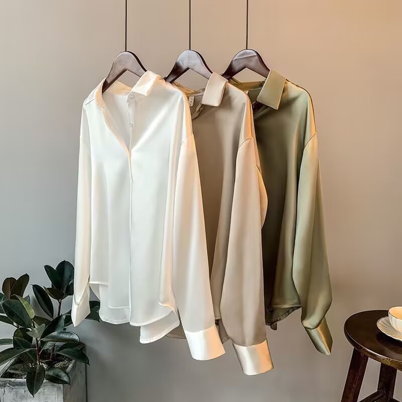 Picture of Long-sleeved Satin Shirt Women's Design Niche 2022 Spring & Fall New Versatile Drapedy Retro Hong Kong Style Shirt Top