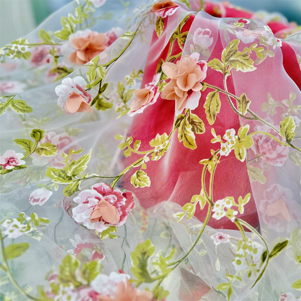 Hot Sale 3D Handmade Ordered Stereo Fabric Organza Printed Branch Flower dress Chiffon Embroidered Fabric Lace
