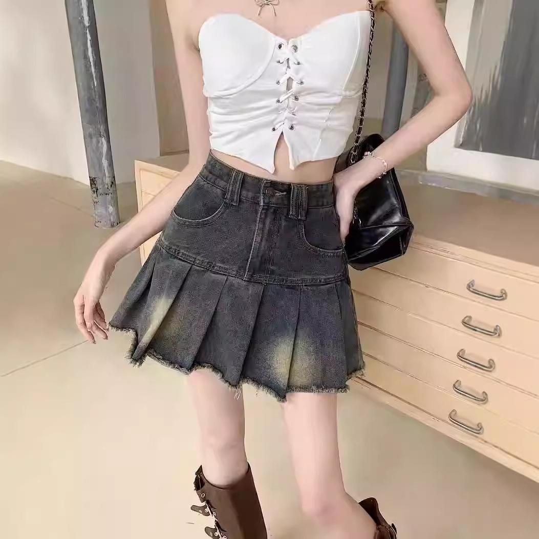 2024 Summer New American Style Retro Denim Pleated Skirt Women's High Waist Slimming A- line Hot Girl Hip Skirt