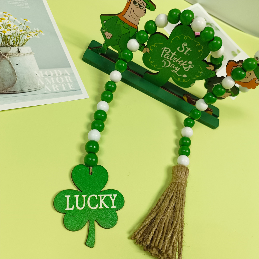Picture of St Patrick's Day clover wooden beads tassel beads Irish Festival wooden beads pendant wooden tray ornaments