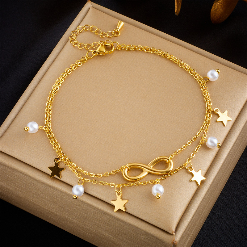 Picture of Fashion niche design simple high-end retro double-layer stacked Pearl Love Diamond five-pointed star pendant anklet