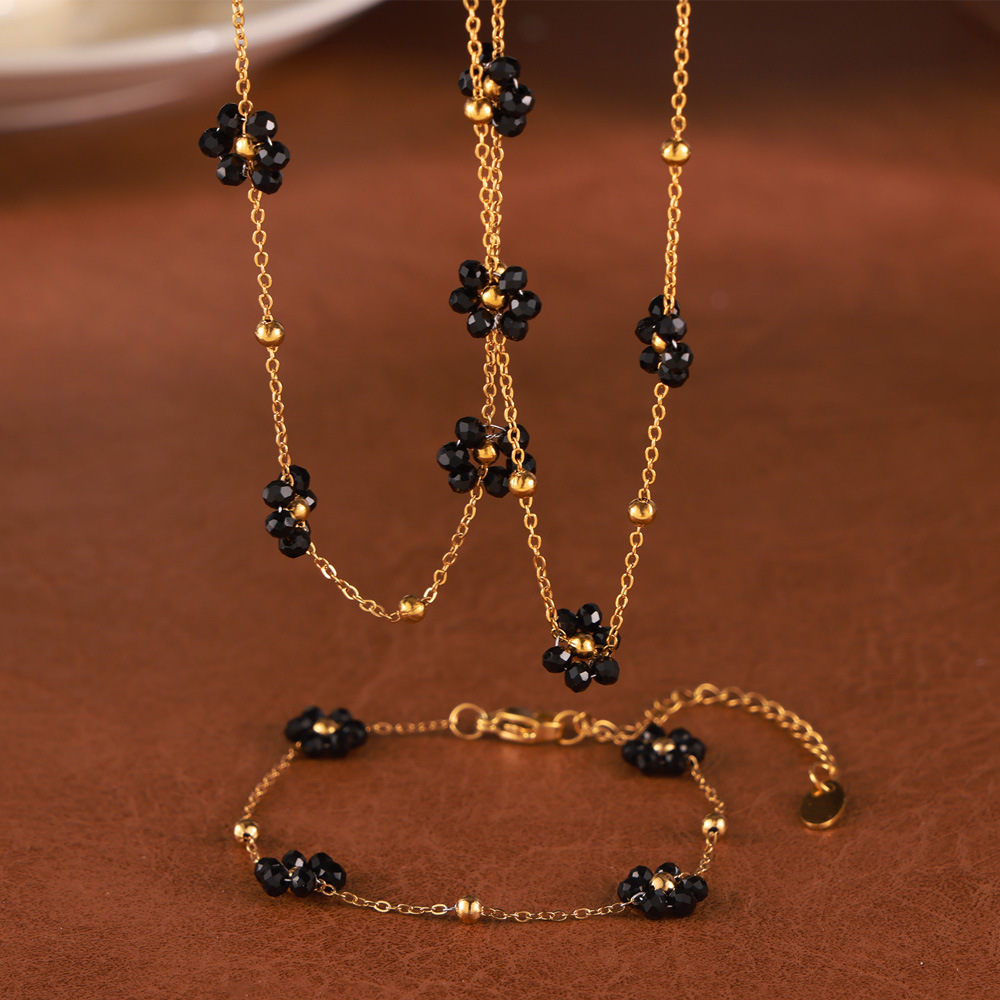 Picture of British style retro niche personality simple versatile jewelry natural stone beaded flower shape titanium steel jewelry suit