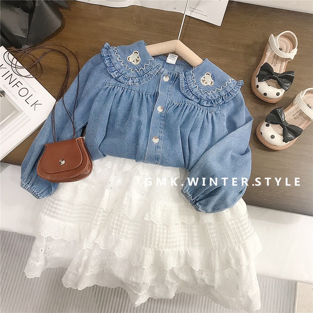Korean children's clothing girls spring and autumn children's long-sleeved denim shirt top baby girl white cake overskirt foreign trade