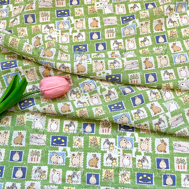 Green Post Cute Rabbit Handmade DIY cheongsam dress top, Hanfu fabric, digital printed fabric, brocade cotton fabric
