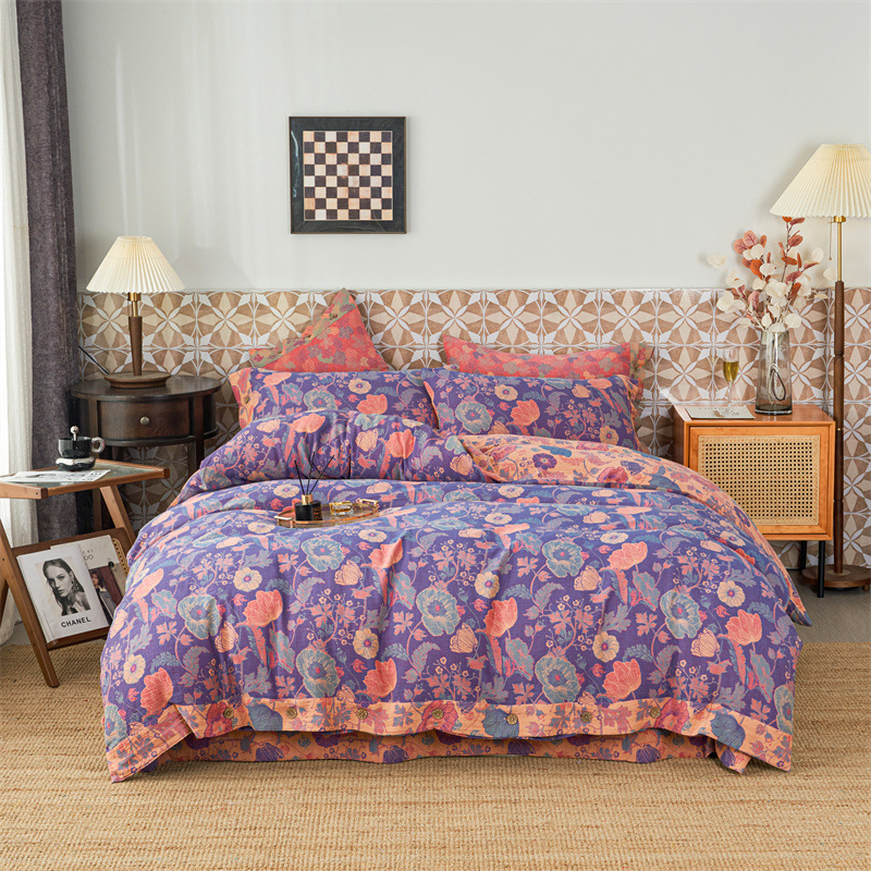 New Cotton Class A Double-layer Yarn Four-piece Set Summer Quilt Bed Sheet Four Seasons Simple Wedding Bedding Naked Sleeping