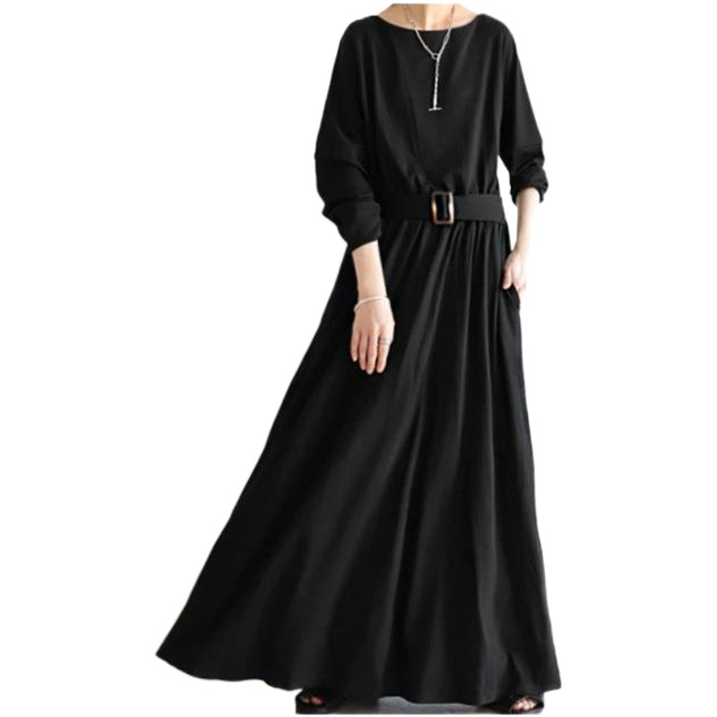 Cross-border 2022 New Japanese Women's Fashion Round Neck Stitching Long Sleeve Slim Loose Long Dress