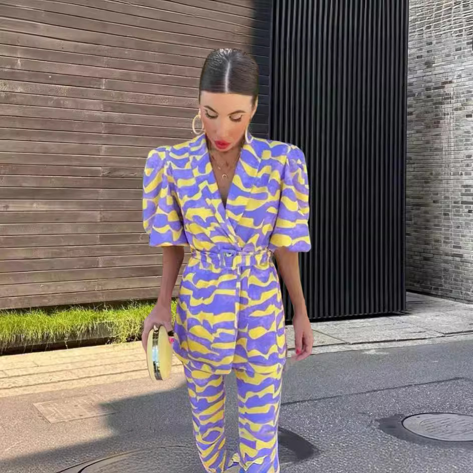 V-neck vintage national style printed short sleeve jacket flared pants suit suit AliExpress INS explosion fashion women's clothing