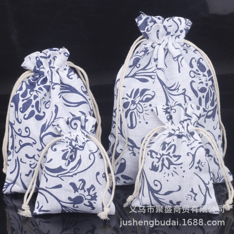 New Chinese Style Antique Blue and White Printed Linen Bag Storage Bag Cotton Drawstring Flap Pocket Pants Direct Sales Wholesale Universal Packaging Cross-Border
